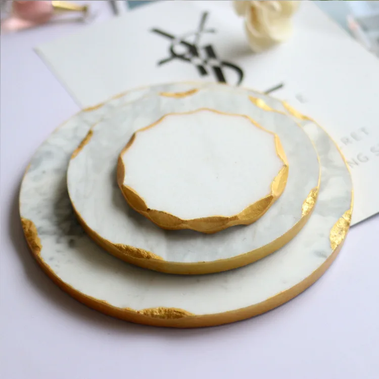 Light Luxury Goldplated Edge Round White Marble Tray Cup Tray Pad