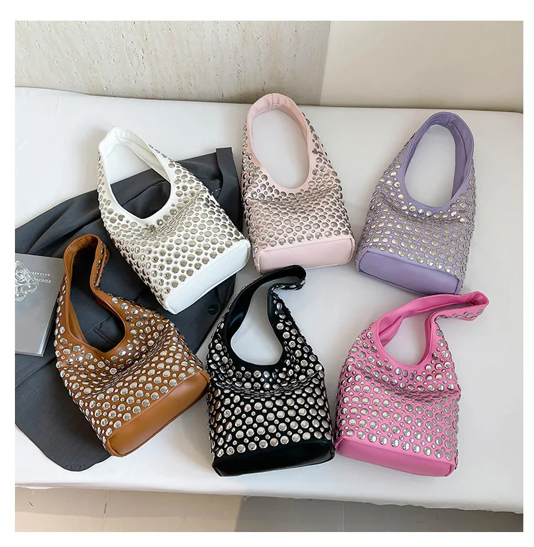 Trendy Vintage Studded Rivet Purses Punk Shoulder Bag for Women Vegan Leather Bucket Designer Underarm Bags