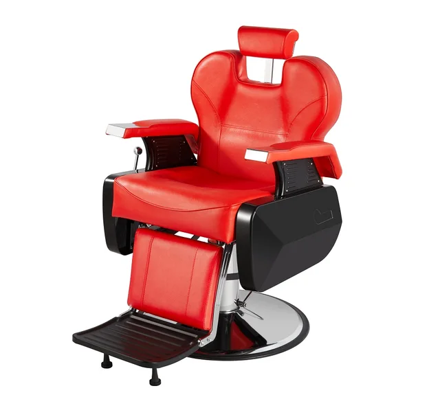 Factory Supply Red Leather Stainless Barber Chair Steel Reclining Salon Haircut Barber Chair for Salon BarberShop Furniture