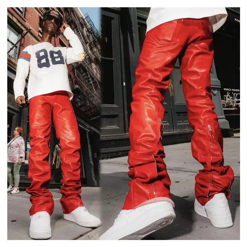 Custom Vintage Streetwear High Waist Zipper Pu Flare Sweat Trousers Custom Faux Leather Stacked Pants Men