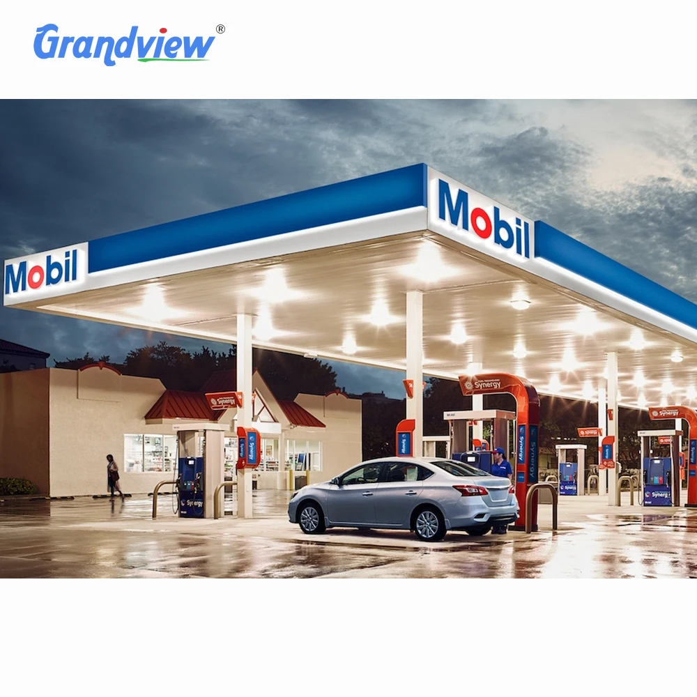 Steel Space Frame Petrol Station Sign Light Cost of Gas Station Canopy with Bending Cutting Welding Services