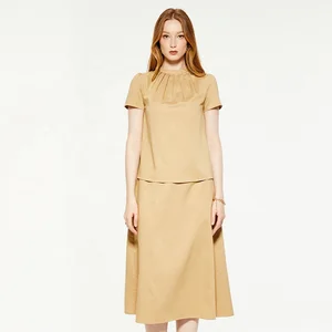 Latest Pleated Collar Satin Short Sleeve Stylish Blouse Casual A-line Solid Color Skirt Two Pieces Set Women's Clothing Dresses