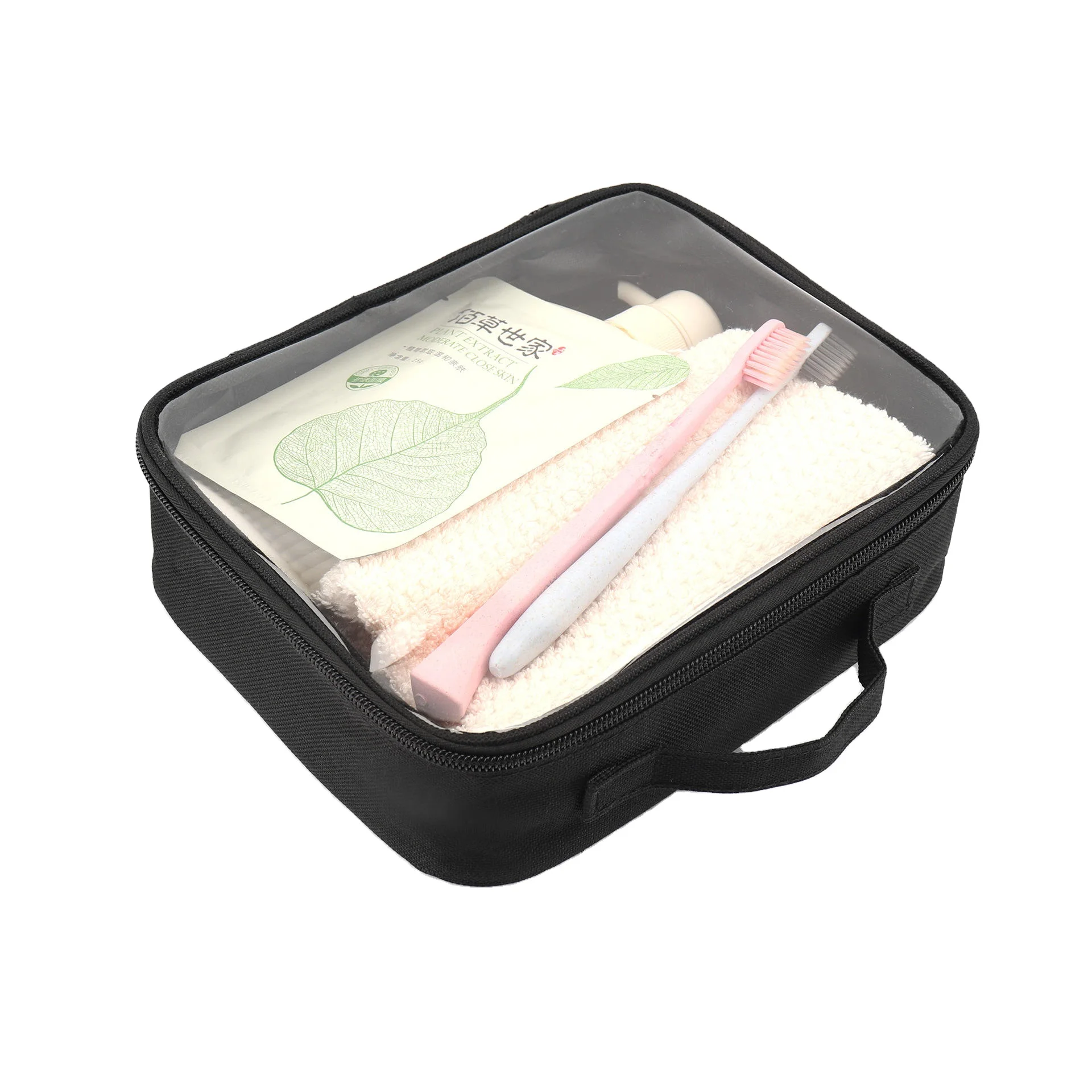 Women's Custom Transparent Black PVC Cosmetic Pouch Clear Wash Organizer with Handle for Travel Makeup Bags