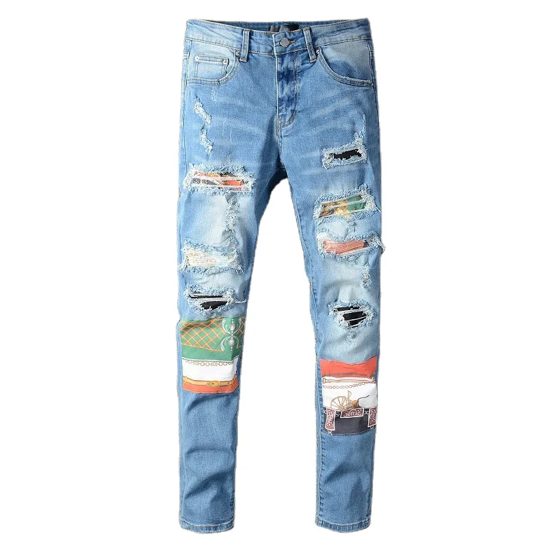 Vintage Patchwork Holes Blue Jeans Men 