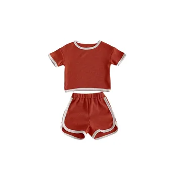 Custom newborn baby clothes sets toddler baby boys girls waffle summer clothing outfits 2pcs solid top +shorts with pocket