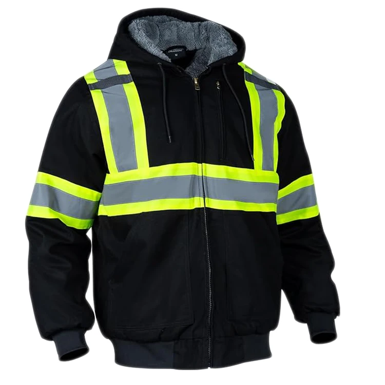 Custom Logo High Visibility Reflective Safety Hoodie Sweatshirt Zip up Fleece Lined Workwear for Construction