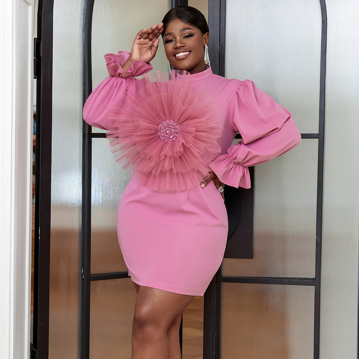 Full Flare Sleeve Mini Sequined Ruffle Flower Pink Women Prom Dresses Full Flare Sleeve Mini Sequined Ruffle Flower Pink Women Prom Dresses