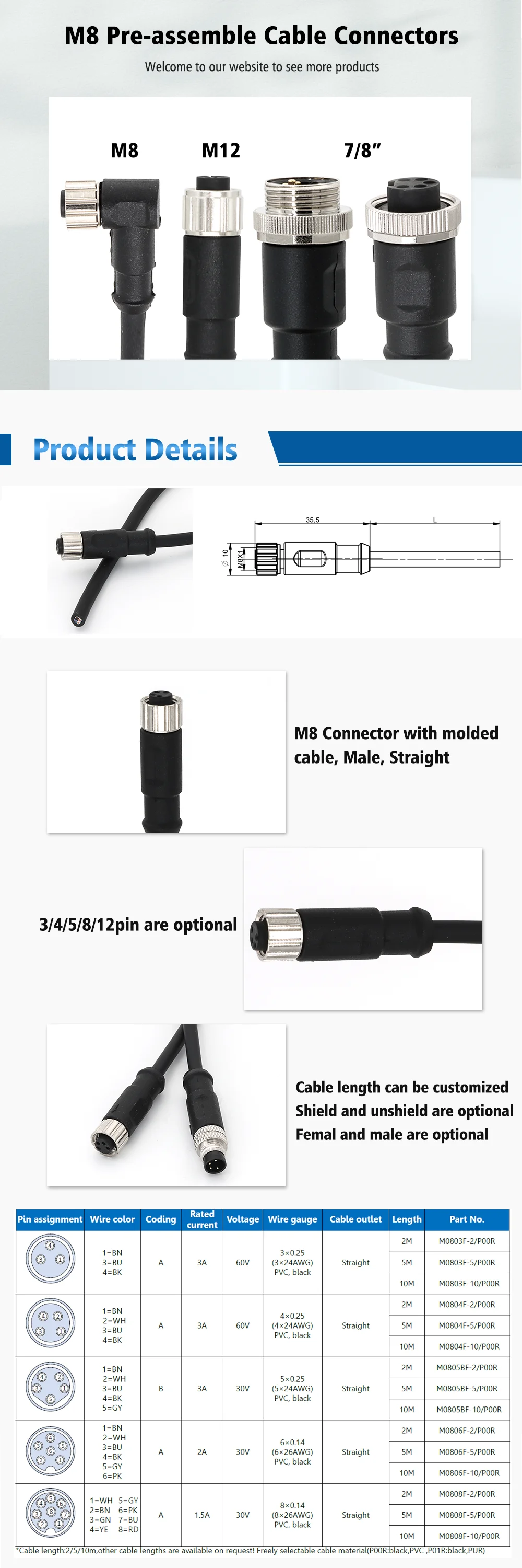 KRONZ M8 Circular Connector with 3/4/5/6/8 Pin Screw Locking and Gold-Plated Contacts for Industrial Applications