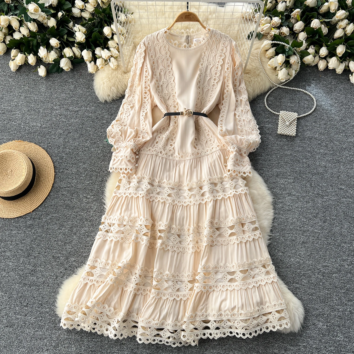 autumn lace dress elegance LE2618 Wholesale 2024 Autumn Lace Dresses Women Elegant Vintage Long Sleeve  O-Neck Waist Slim A-Line Hollow Lace Women'S Dress