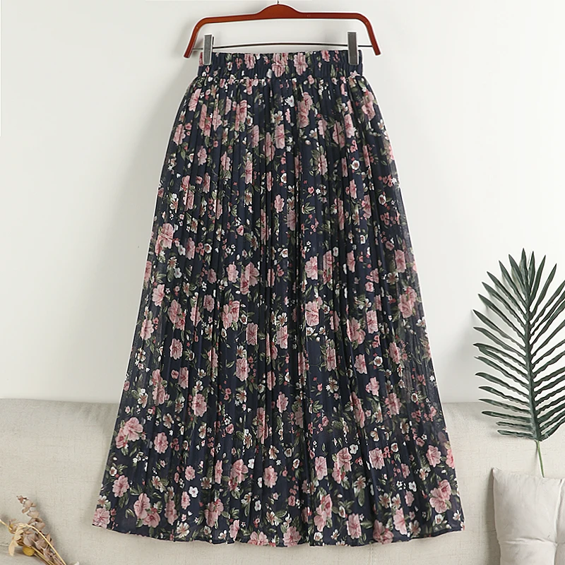 Spring Summer New Fashion Midi Skirt Women Floral Printing Retro Beach Boho  High Waist Long Midi Pleated Skirts Elegant Chiffon