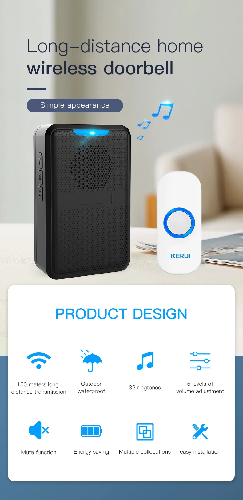 Kerui multifunctional smart ring door bell wifi home alarm wireless doorbell and button