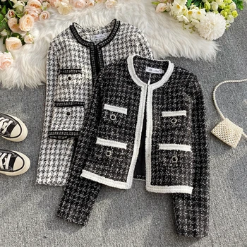 Hot Sales Tweed Plaid Short Coat 2021 New Autumn and Winter Long Sleeve Casual Jacket Woman's Office Lady Thick Short Jacket