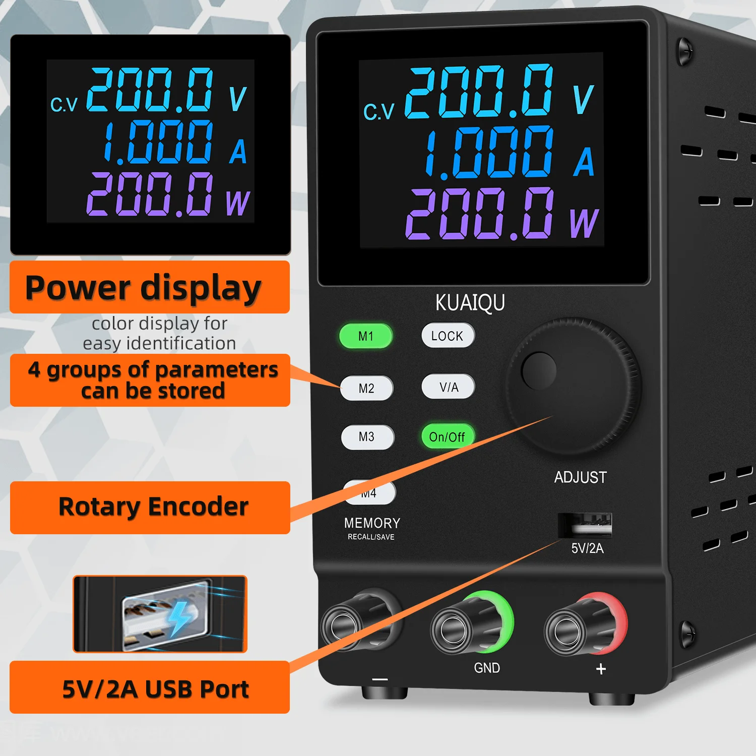 KUAIQUA SPPS2001D 200W 200V 1A Programmable with RS232 Adjustable Switching Power Supply Lab Regulator DC Power Supply