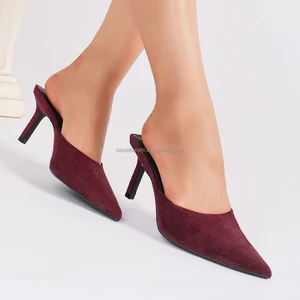1208-33 Autumn New Custom Suede Mule Heel Shoes Simple Style Solid Color Pointed Toe High Heeled Mule Sandals for Women