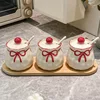 red seasoning dish  3 wooden tray spoon-seasoning jar set