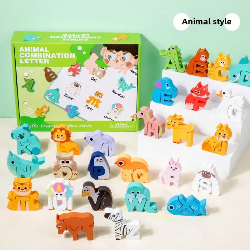Montessori Educational Wooden Animal Alphabet Puzzles Matching Game for Toddlers ABC Letters Block Set Toys
