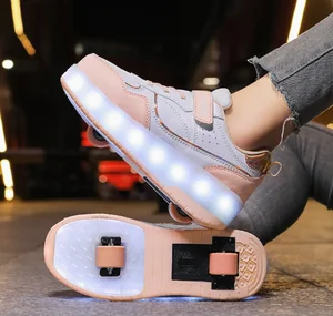 Trendy Children's Button Breathable Roller Skates Boys' Girls' LED Light Double Wheel Sport Shoes for Kids