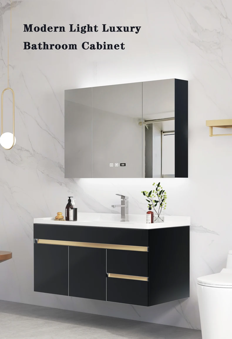 Luxury Black Gold Design Waterproof Solid Wood Cabinet Bathroom Vanity Sink Wall Mounted ...