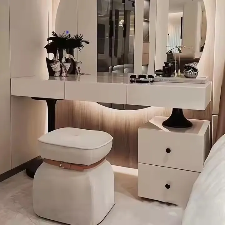Light Luxury Cream Style Small Unit Large Round Mirror Dressing Table  Modern Simple Bedroom Makeup Table