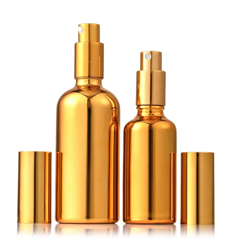 High-end 5ml 10ml 15ml 20ml 30ml 50ml 100ml gold glass essential oil bottles with spray