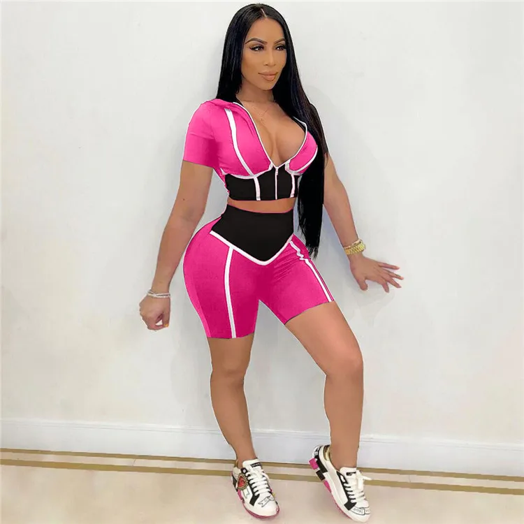 Patchwork Active Women Two 2 Piece Outfits Set Zipper Tops and Shorts Jogger Sweatsuit Matching Set Workout Tracksuit