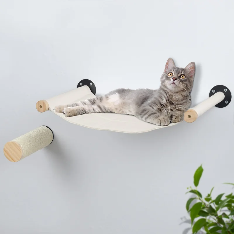 Wooden Cat Wall Shelves With Hammock Wall Mounted Sisal Cat Scratching Post Toy Cat Shelves And