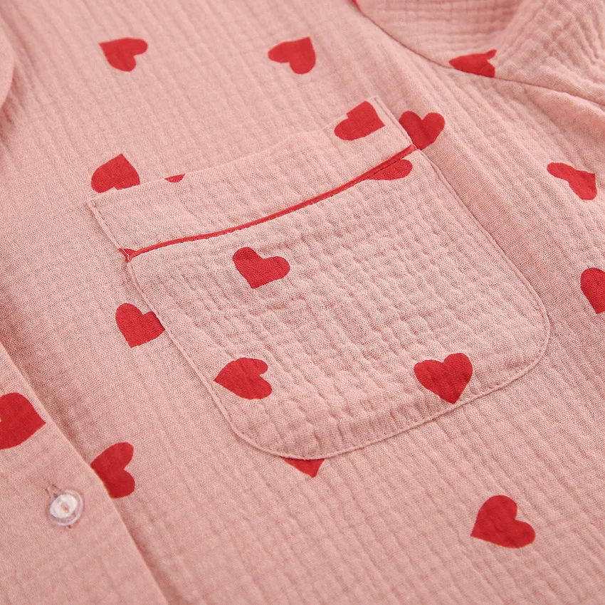 Women's Cotton Pajama Set Heart Print Breathable Long Sleeve Shirt Full Length Pants Turn-Down Collar Spring Sleepwear — detail