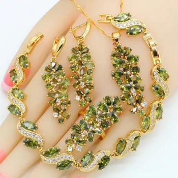 Luxury Green Peridot Gold Jewelry Sets for Women Earrings Necklace Pendant Ring Bracelet Christmas Birthday Gift