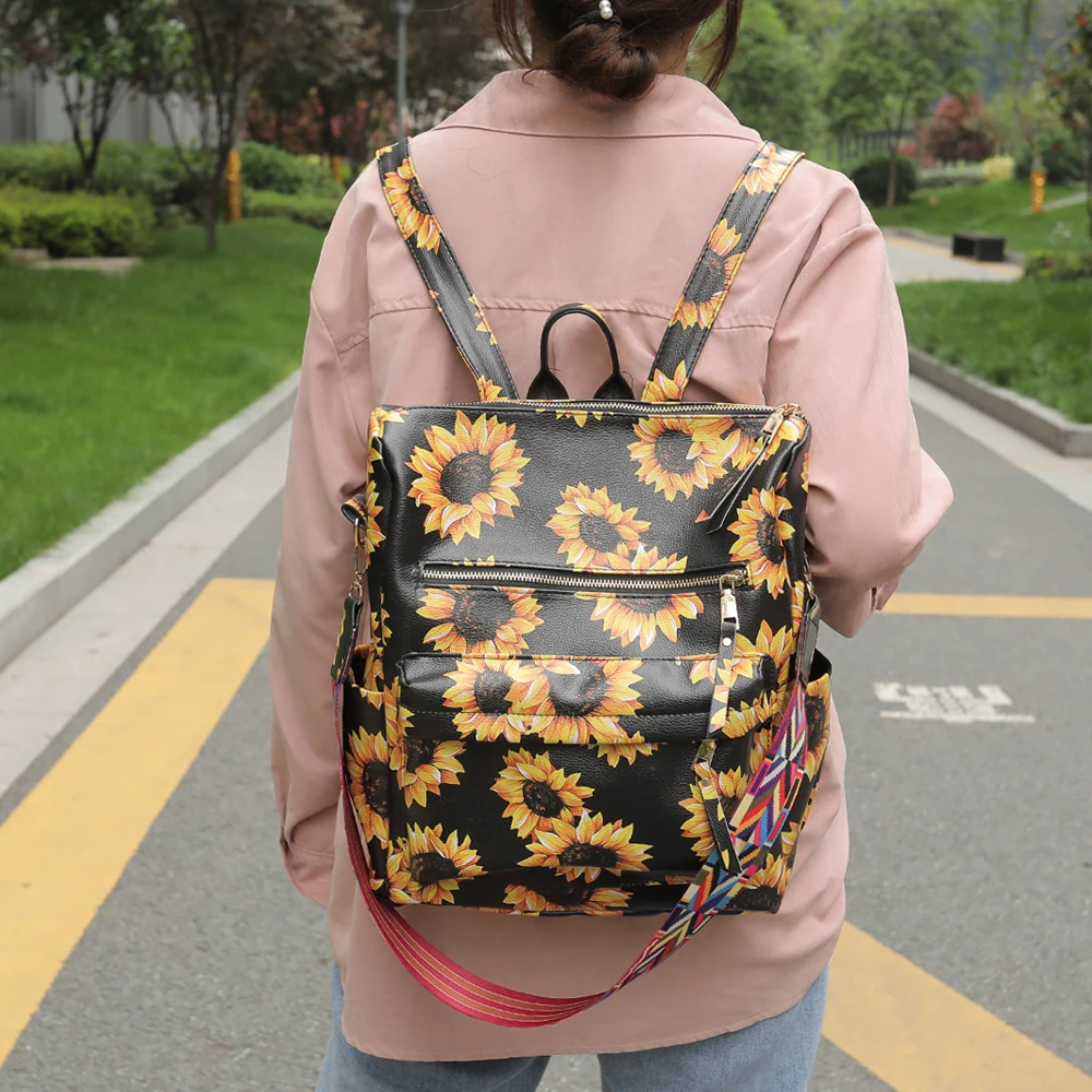 Leather Backpack Tribal Sunflower Travel Shoulder Bag For Women Ladies Girls 