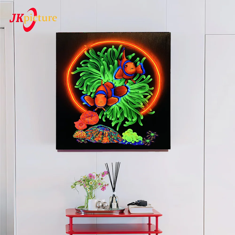 絵画 カクレクマノミ 蛍光絵画 カクレクマノミとロックフラワーアネモネの絵画 発光絵画