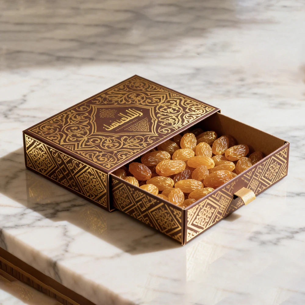 Luxury Design Printing Custom Dubai Ramadan Dates Box Sliding Drawer Chocolate Packaging With Ribbon Flip for Dates and Candy