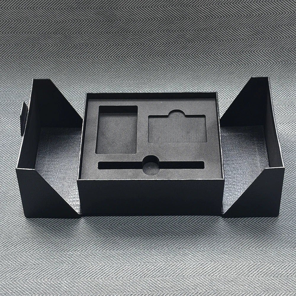 Elegant Leatherette Paper Textured Open From the Middle Two Doors Rigid Packaging Magnetic Closure Card Gift Box