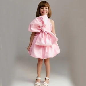 Custom Elegant Pink Birthday Satin Dress for Toddlers Girls Kids with Big Bow Front & Spaghetti Straps ODM Supply