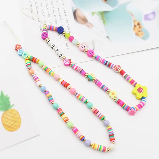 Модный акриловый чехол для телефона с жемчужными бусинами DIY, цепочка на запястье, милая девушка, красочные глиняные бусины, аксессуары для чехла мобильного телефона