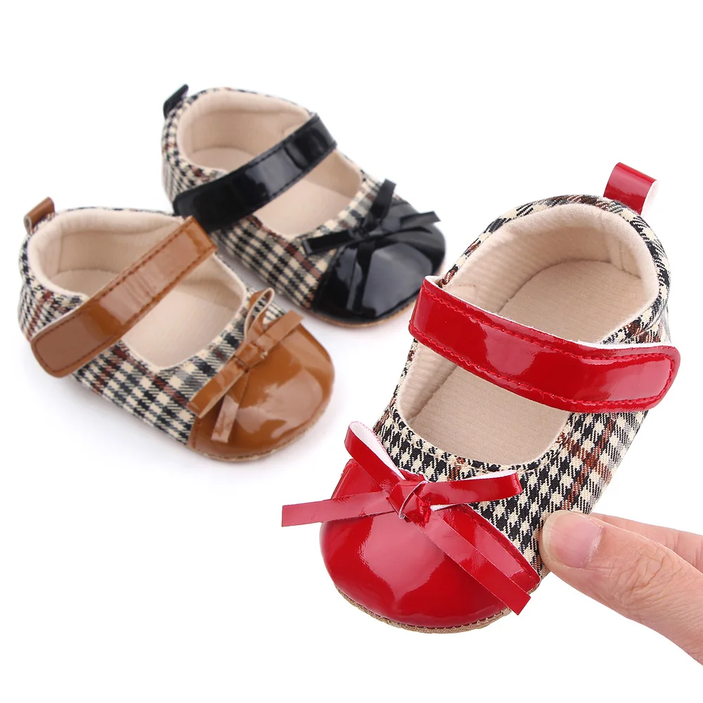 Baby Girls Cute Matching Plaid Solid Leather Bow Infants Soft Soled Princess Toddler Shoes