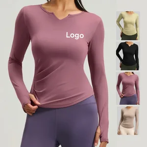 Custom Logo Print Women's Sports V-neck Long-sleeved Seamless Yoga Top Breathable Outdoor Running T-Shirt Workout Fitness Wear