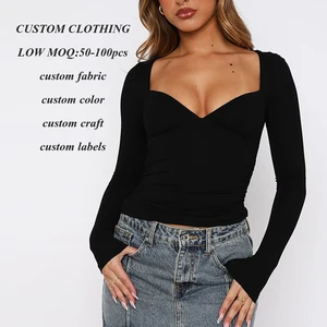 Suppliers New Design Women Skinny Sexy Deep v Neck Tshirt Custom logo Printed Solid Color Ladies Long Sleeve Basic Plain t Shirt