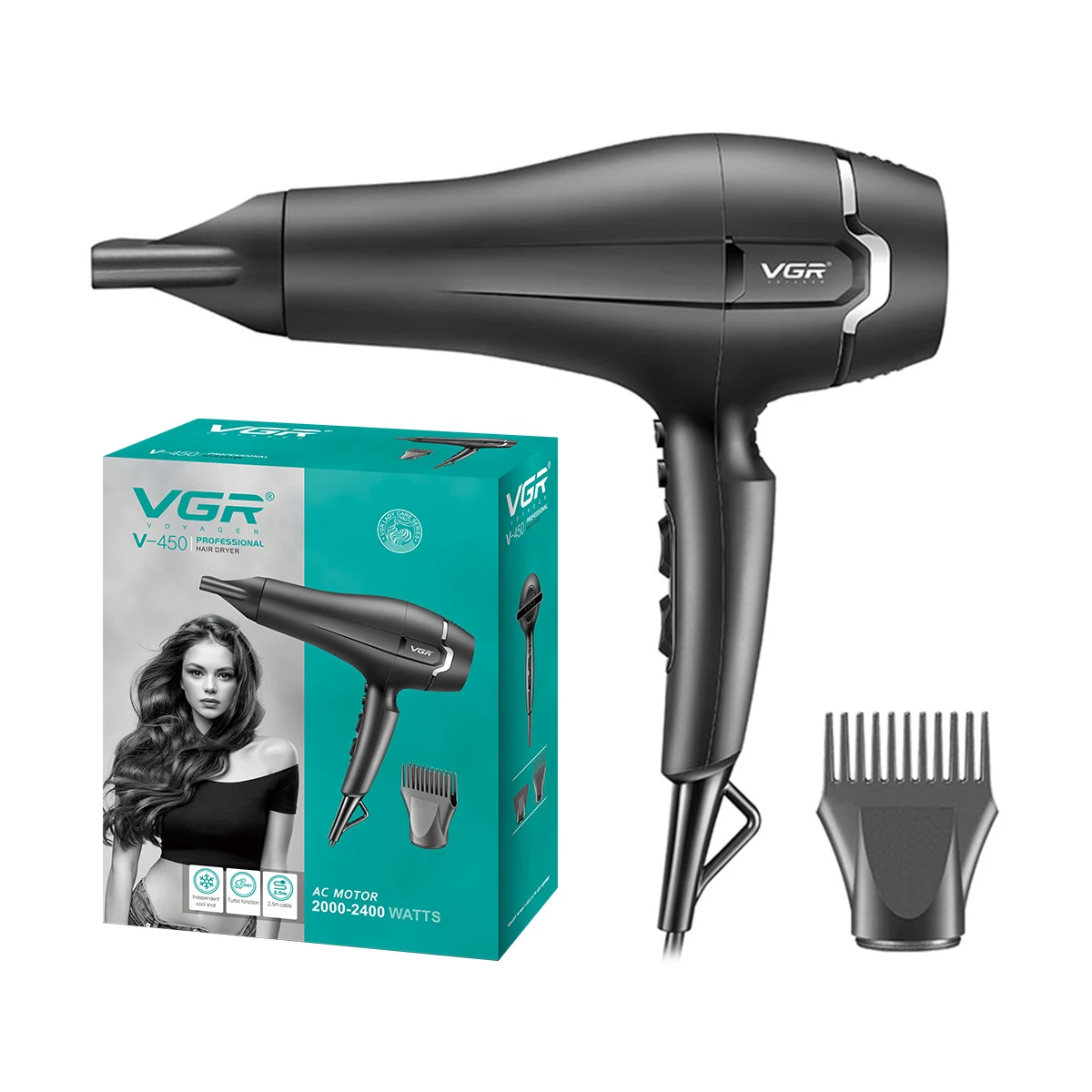 Vgr V-450 Hair Dryer 2000-2400w Concentrator Nozzle Professional Ac ...