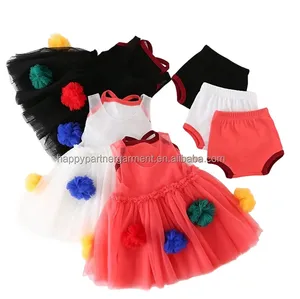 Customizable Fashion Sleeveless Flower Ball Embroidery Three Pieces Mesh Tulle Girls Dress for Summer