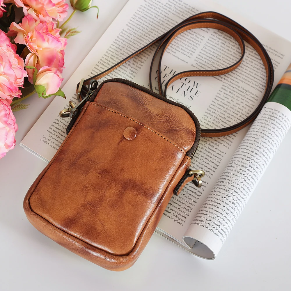 Factory Supply Waterproof Genuine Cow Leather Wallet Purse Mini Shoulder Men Women Bag for Real Leather Mobile Cell Phone Bag
