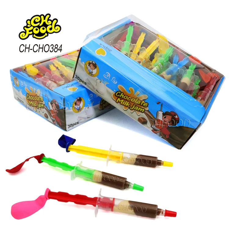 halal wholesale injection syringe chocolate jam with balloon liquid toy candy sweets for children