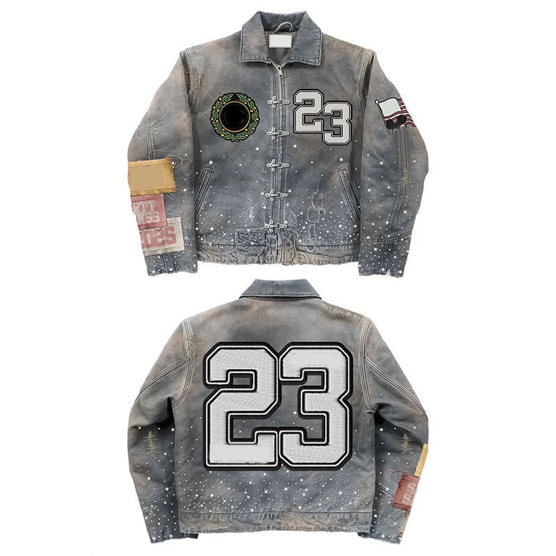 OEM Custom Patch Embroidery logo Men's Distressed Ripped Denim Thick Cotton Twill Canvas Jacket Men Customizable Vintage Wash gallery 2