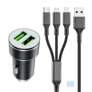 Hotriple D6 Cheap Price Dual USB 3.4A Metal Mobile Phone Fast Charging Car Charger Set with 2 USB port and 3in1 3 in 1 cable