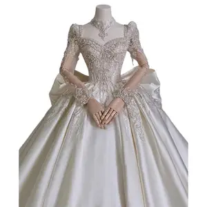 New Bride's Main Satin High -end Texture Heavy Worker Trailer Long -sleeved Bridal Wedding Dress
