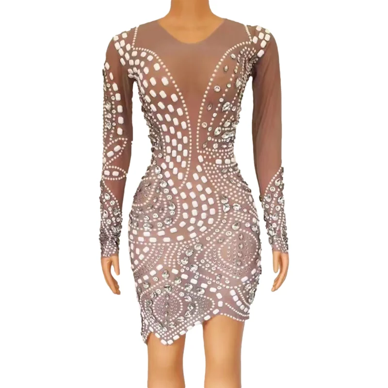 knee length dresses for ladies Mew Mews Lyda Draped Cutout Sequin Mesh Dress in Silver main image 0