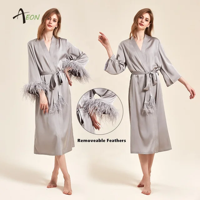 Long Feathered Silk Pink Dressing Gown Night Dresses For Woman Long Kimono Sleeping Robe With Feathers