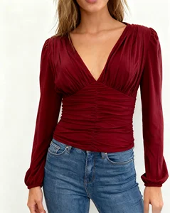 Hot Selling Women's Elegant Luxurious Knitted Soft Stretch Ribbed Bust Fashion Chic Glam Deep V Ruched Puff Sleeve Blouse Ruched