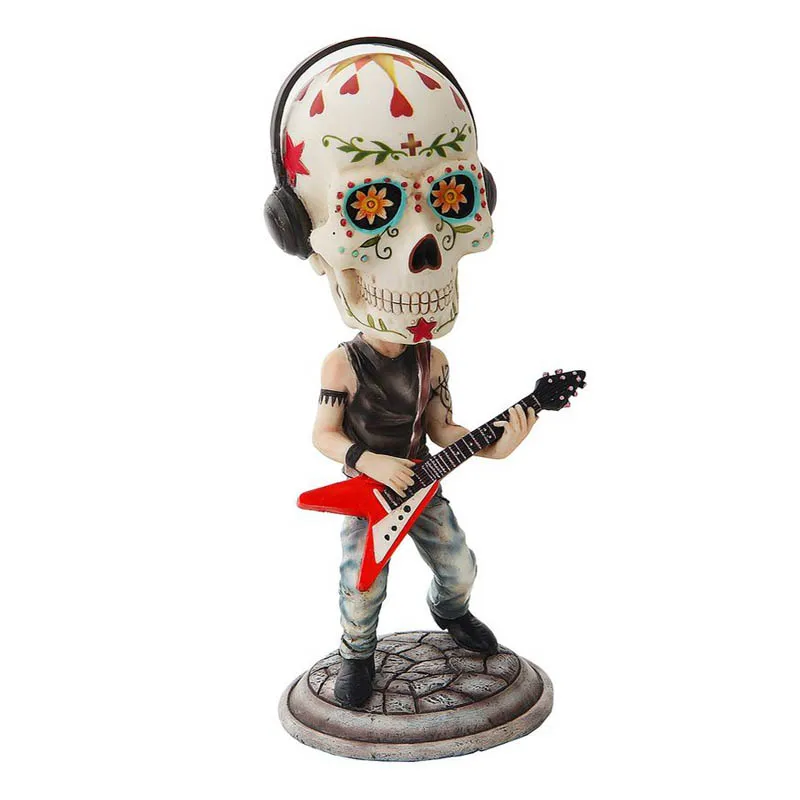Venta al por mayor: popular figurilla de esqueleto muerto con cabeza móvil (bobble head) en resina, estilo músico: cantante, baterista o bajista, con temática musical y cráneo