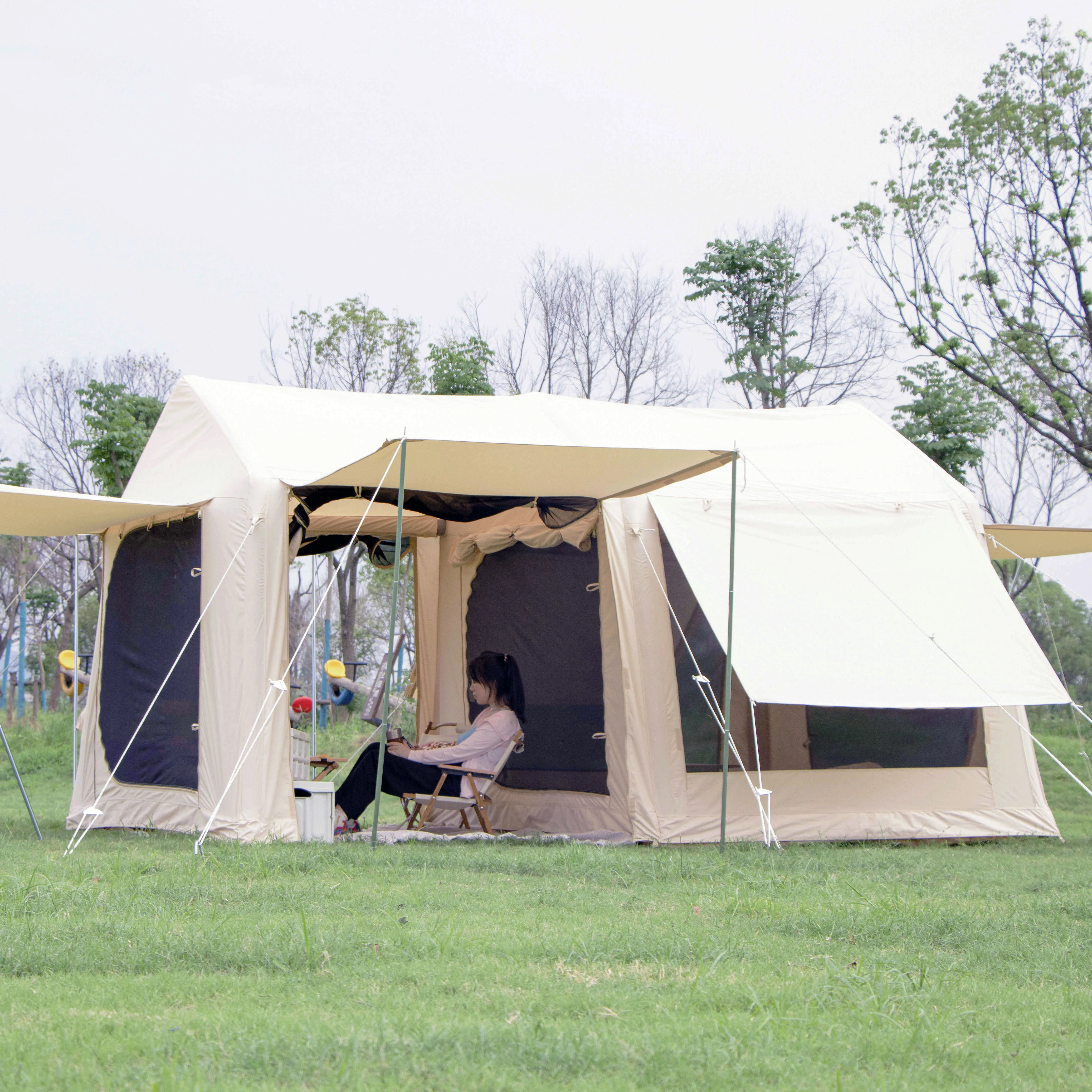 Poly Cotton Canvas Double Door Luxury air Tent Outdoor House Tent  Inflatable Cabin Tent Family Camping