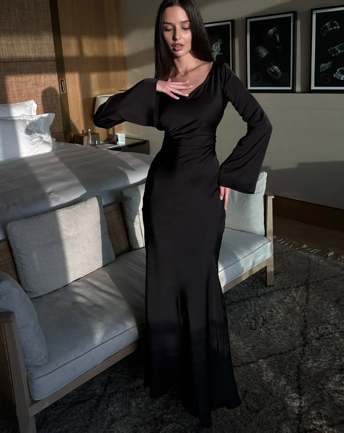 Women's Elegant Solid Midi Dress Flare Sleeves Slim Mermaid Style Spring  Summer Weddings Parties French Vintage Abaya Dubai